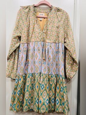 Jessica Simpson Boho Patchwork Dress Medium Cotton Long Sleeve Mini